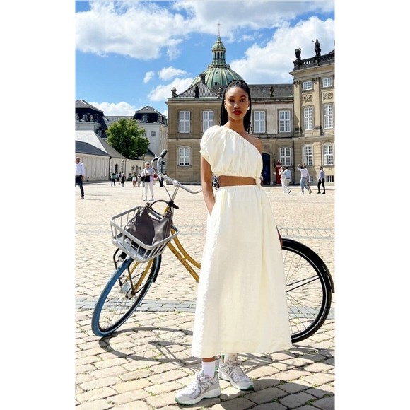 Farm Rio Off White One Shoulder Maxi Dress M Cutout Linen Blend Clean Chic New - Picture 10 of 10